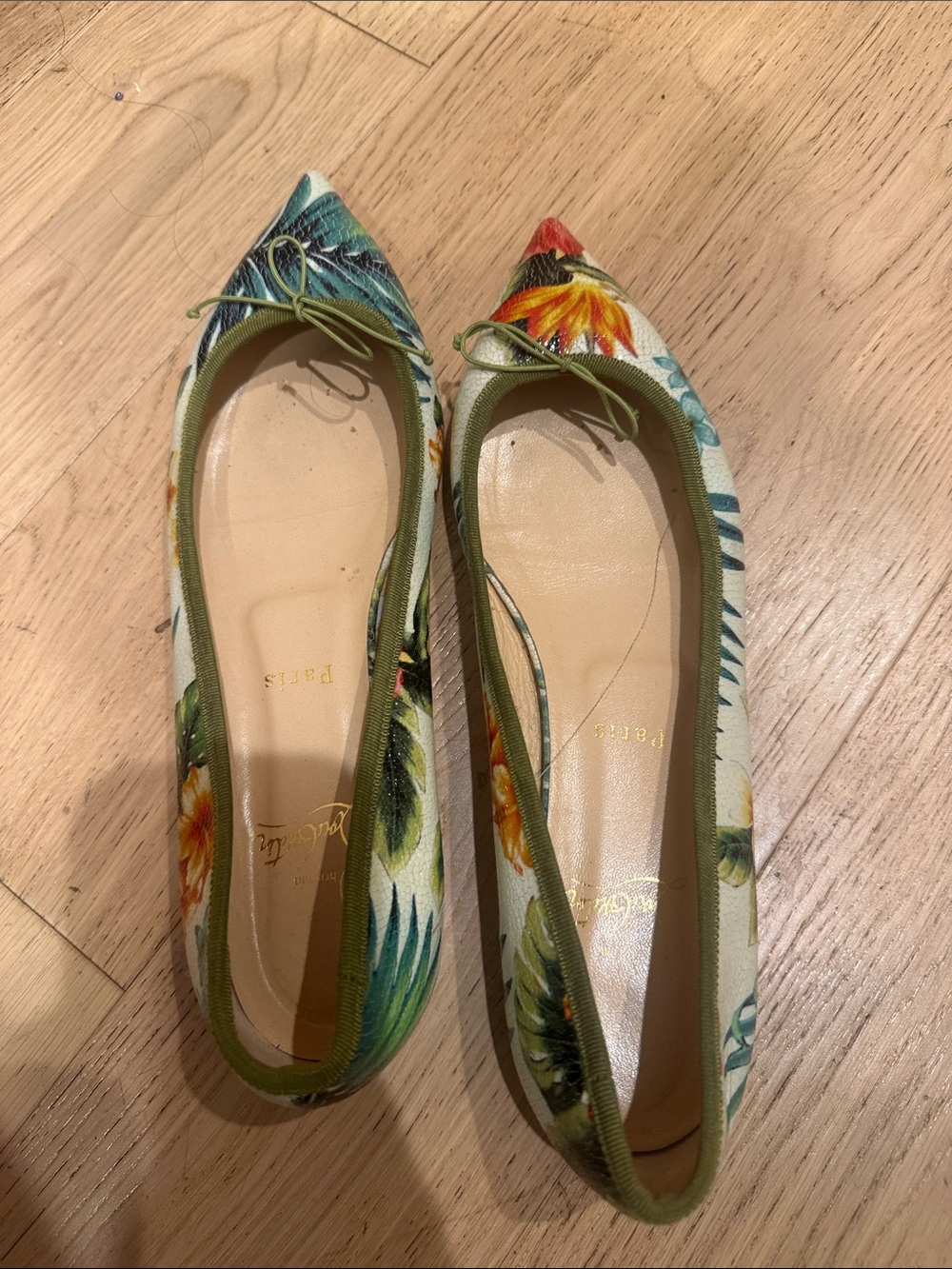 Christian Louboutin Tropical Floral Pointed Ballet Flats in Green and Yellow